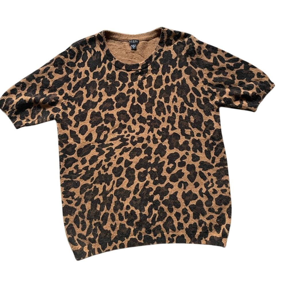 Guess Womens Leopard Short Sleeve Wool Blend Sweater Size Small Classic MOD